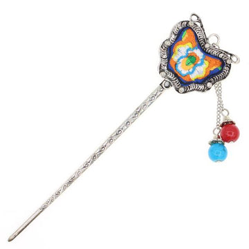 Miao Tribal Metal Hair Stick with Butterfly Embroidered Piece and Tassels